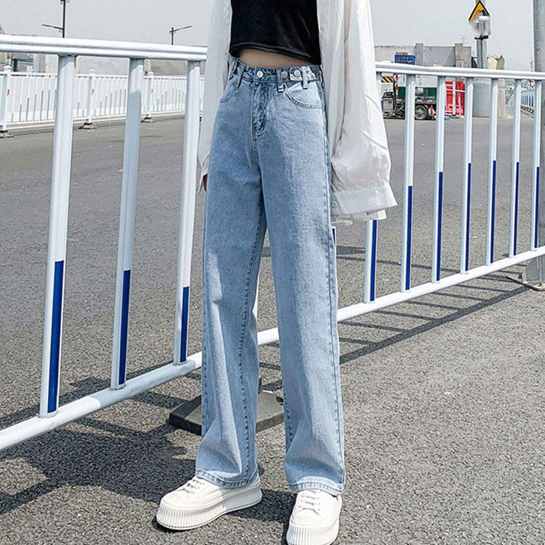 ショッピングゴー shoppinggo 美脚ストレートパンツ 着やせ セミワイドパンツ ボタン調整 ジーパン 高く見え ロングズボン オシャレ カジュアルパンツ