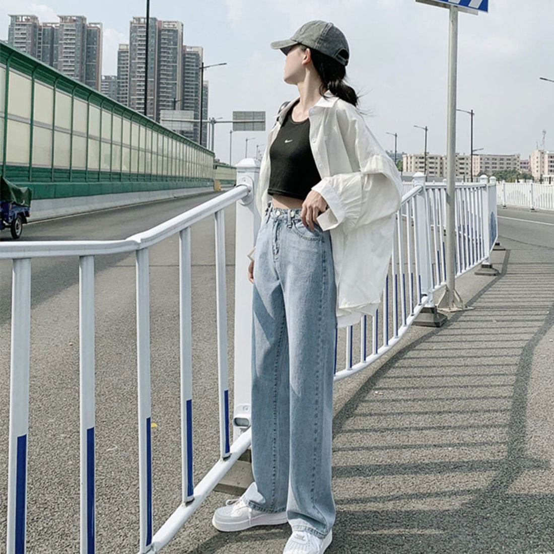 ショッピングゴー shoppinggo 美脚ストレートパンツ 着やせ セミワイドパンツ ボタン調整 ジーパン 高く見え ロングズボン オシャレ カジュアルパンツ