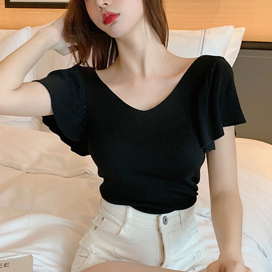 Shopping Go Summer Knit Women's Sweater Short Sleeve Sweater V-Neck Si