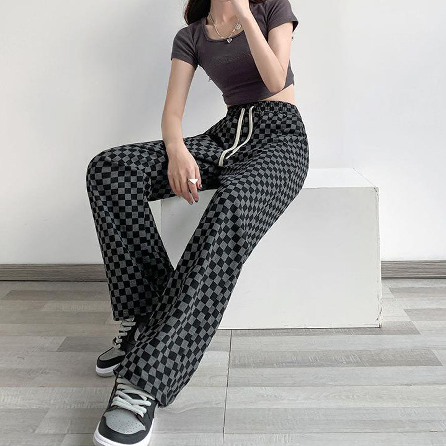 ショッピングゴー shoppinggo チェック柄パンツ 薄手 部屋着 ワイドパンツ サマーパンツ ストレート ウエストゴム パンツ ズボン ゆったり リラックスパンツ （Aグレー） Aグレー