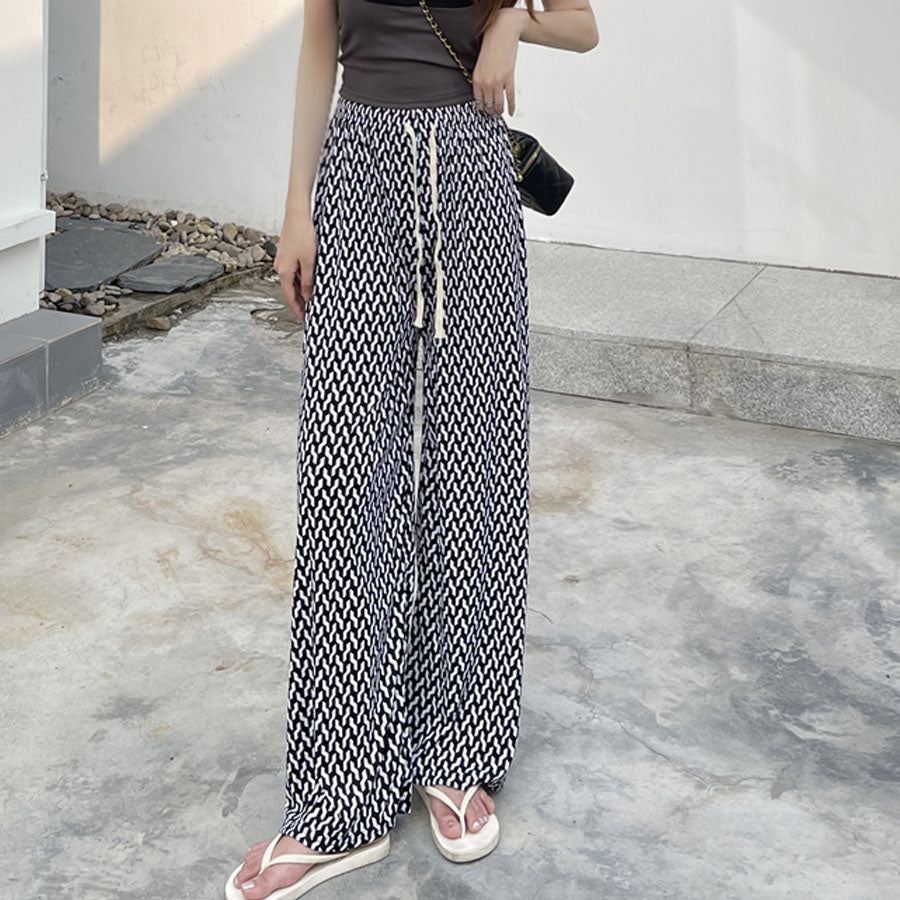 Shoppinggo shoppinggo Checkered pants Thin Loungewear Wide pants Summer pants Straight Elastic waist Pants Trousers Loose Relaxed pants