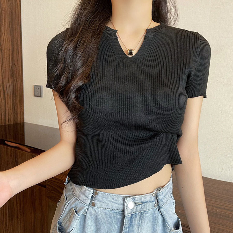 ショッピングゴー shoppinggo サマーニット へそ出し トップス Vネック クロップド丈 Tシャツ レディース きれいめ ショート丈トップス ニットソー （ブラック） ブラック