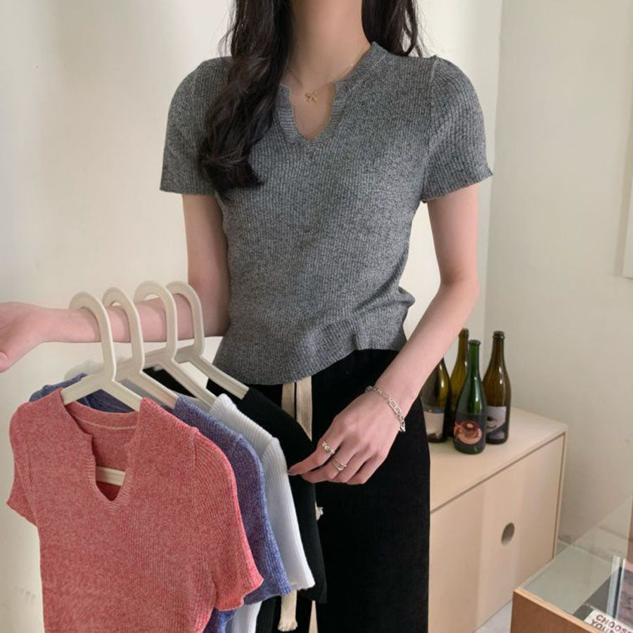 ショッピングゴー shoppinggo サマーニット へそ出し トップス Vネック クロップド丈 Tシャツ レディース きれいめ ショート丈トップス ニットソー （ブラック） ブラック