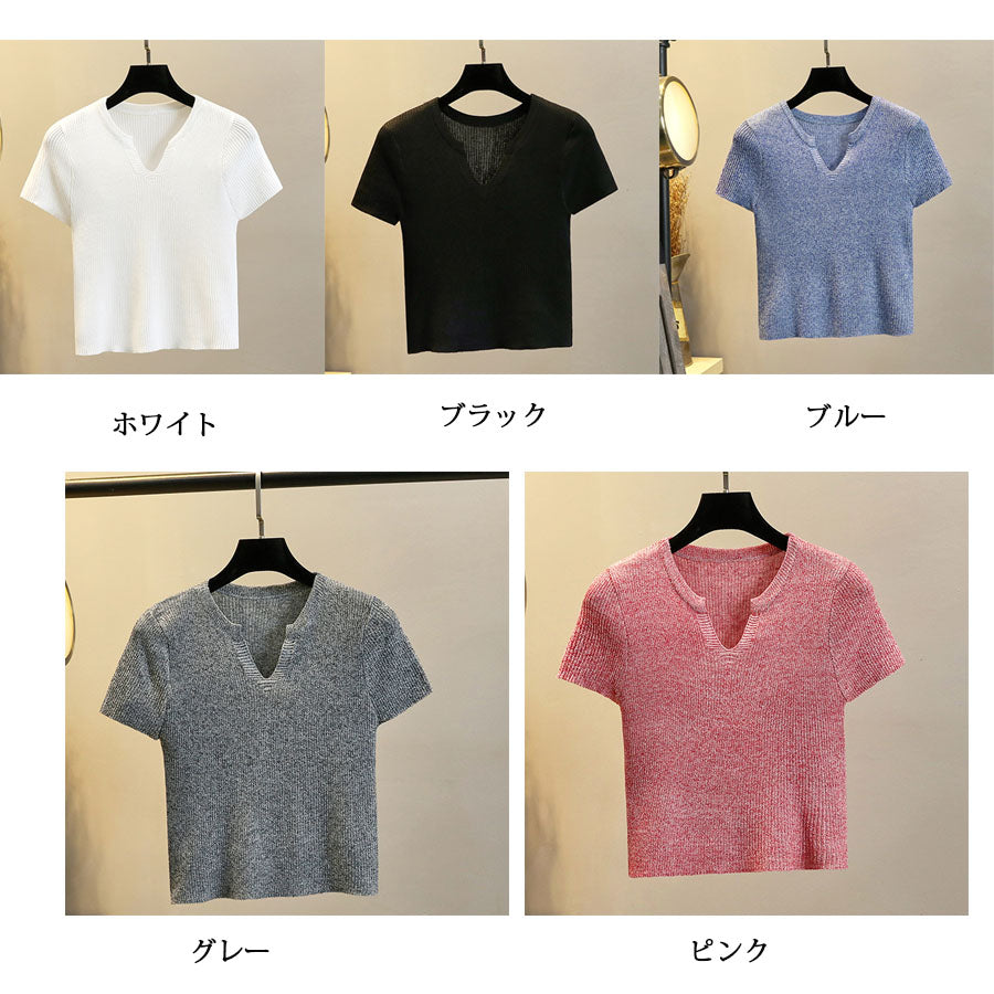 ショッピングゴー shoppinggo サマーニット へそ出し トップス Vネック クロップド丈 Tシャツ レディース きれいめ ショート丈トップス ニットソー （ブラック） ブラック