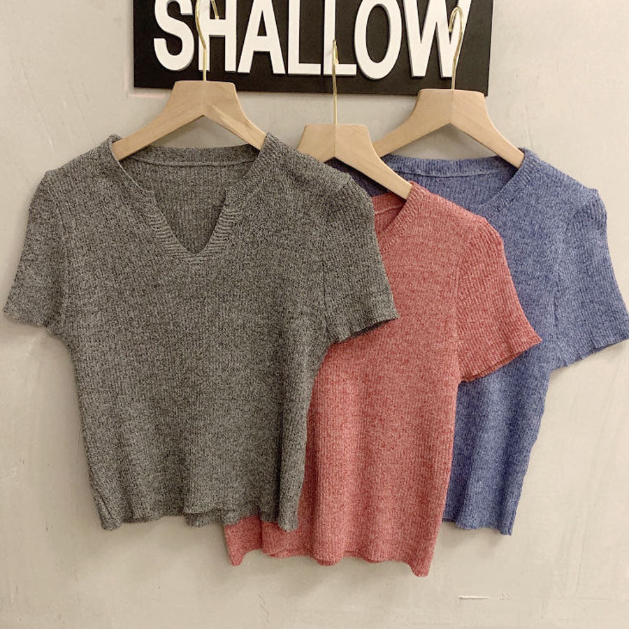 ショッピングゴー shoppinggo サマーニット へそ出し トップス Vネック クロップド丈 Tシャツ レディース きれいめ ショート丈トップス ニットソー （ブラック） ブラック