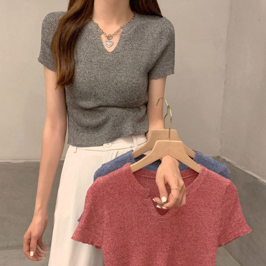 ショッピングゴー shoppinggo サマーニット へそ出し トップス Vネック クロップド丈 Tシャツ レディース きれいめ ショート丈トップス ニットソー （ブラック） ブラック