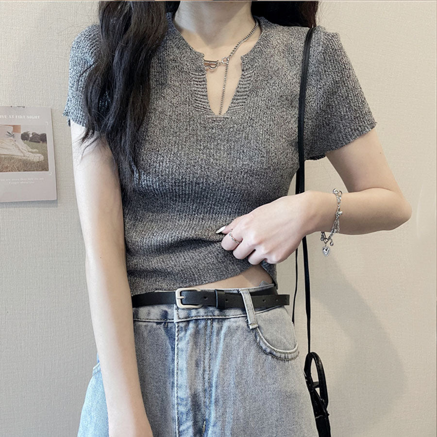 ショッピングゴー shoppinggo サマーニット へそ出し トップス Vネック クロップド丈 Tシャツ レディース きれいめ ショート丈トップス ニットソー （ブラック） ブラック