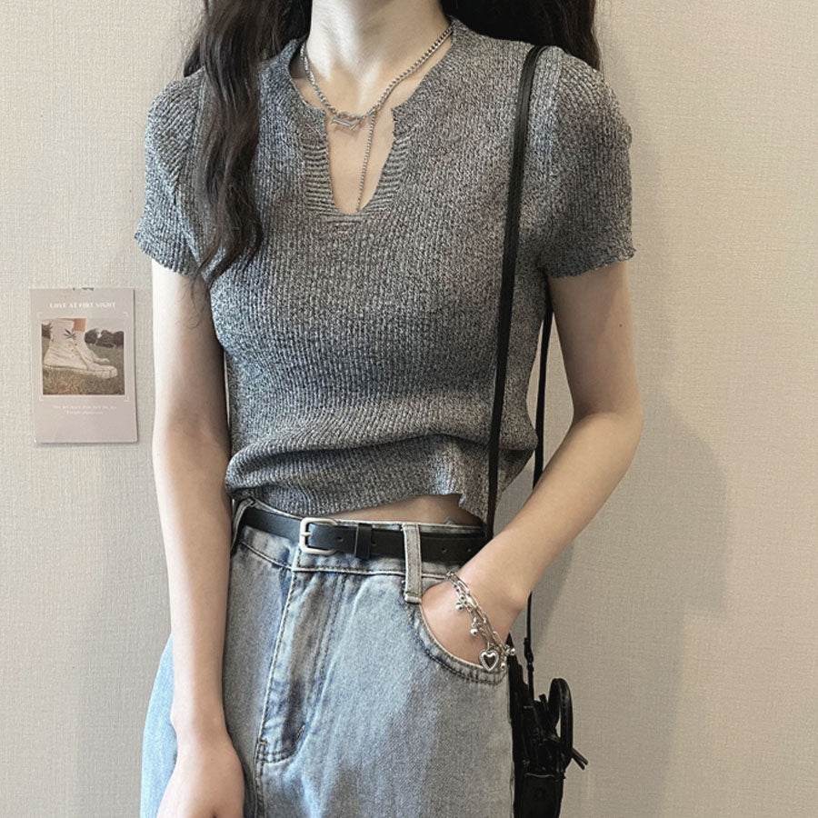 ショッピングゴー shoppinggo サマーニット へそ出し トップス Vネック クロップド丈 Tシャツ レディース きれいめ ショート丈トップス ニットソー （ブラック） ブラック
