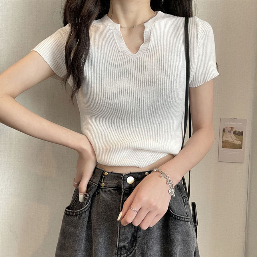 ショッピングゴー shoppinggo サマーニット へそ出し トップス Vネック クロップド丈 Tシャツ レディース きれいめ ショート丈トップス ニットソー （ブラック） ブラック