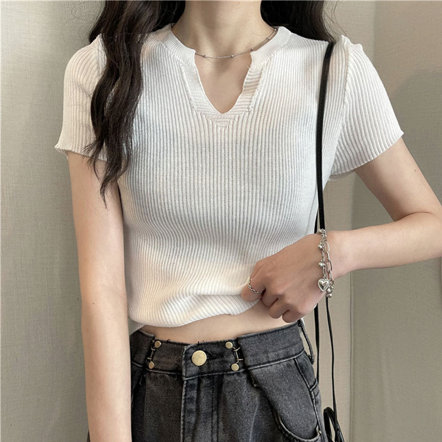 ショッピングゴー shoppinggo サマーニット へそ出し トップス Vネック クロップド丈 Tシャツ レディース きれいめ ショート丈トップス ニットソー （ブラック） ブラック