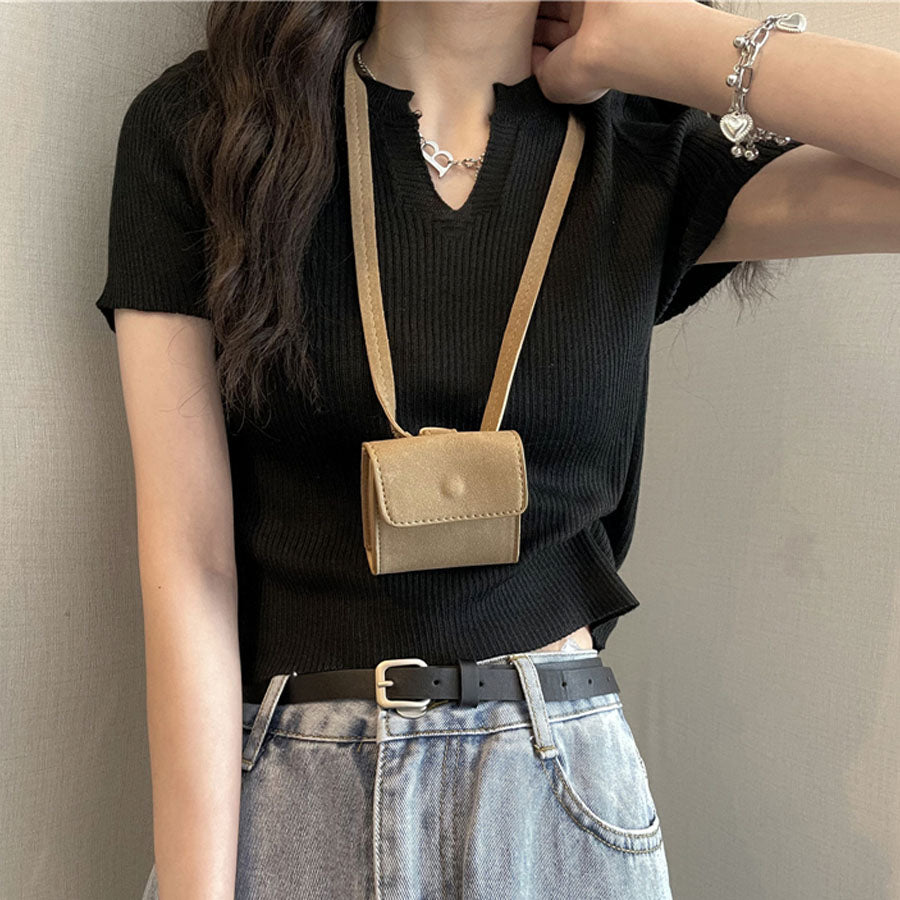 ショッピングゴー shoppinggo サマーニット へそ出し トップス Vネック クロップド丈 Tシャツ レディース きれいめ ショート丈トップス ニットソー （ブラック） ブラック