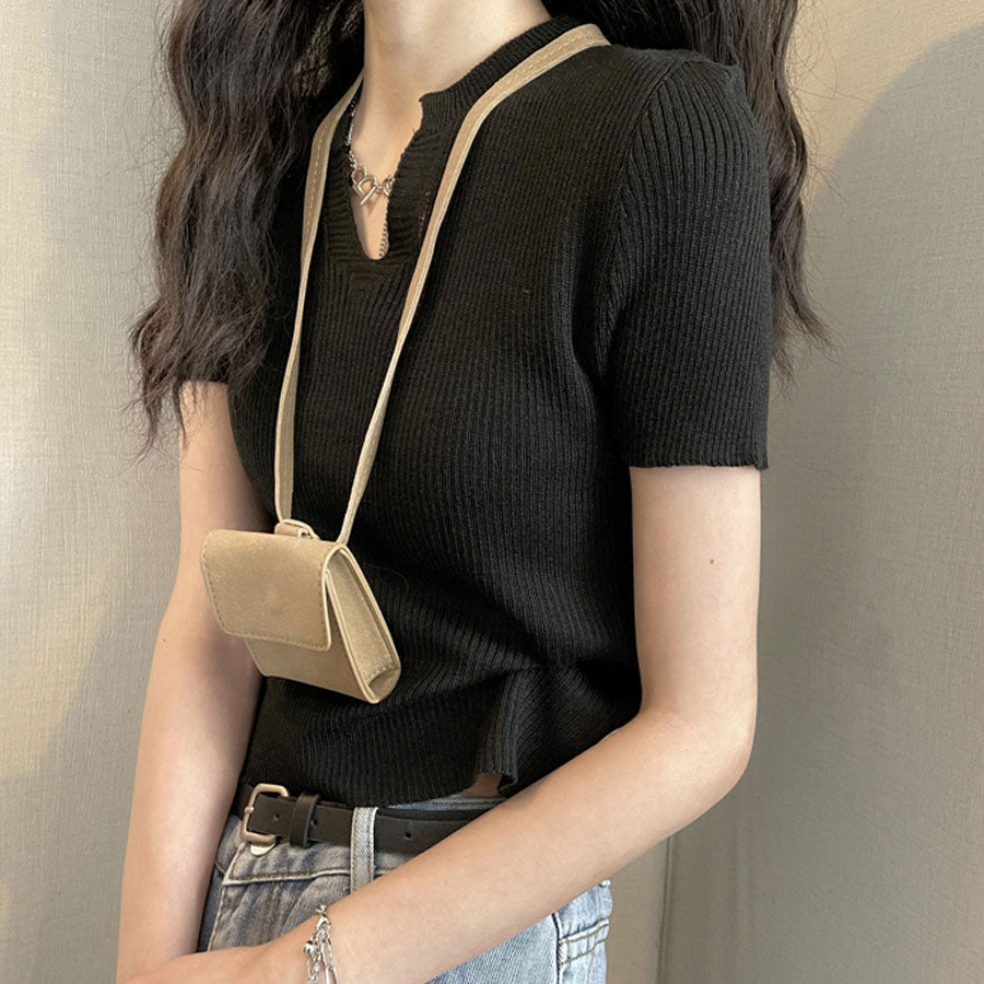 ショッピングゴー shoppinggo サマーニット へそ出し トップス Vネック クロップド丈 Tシャツ レディース きれいめ ショート丈トップス ニットソー （ブラック） ブラック