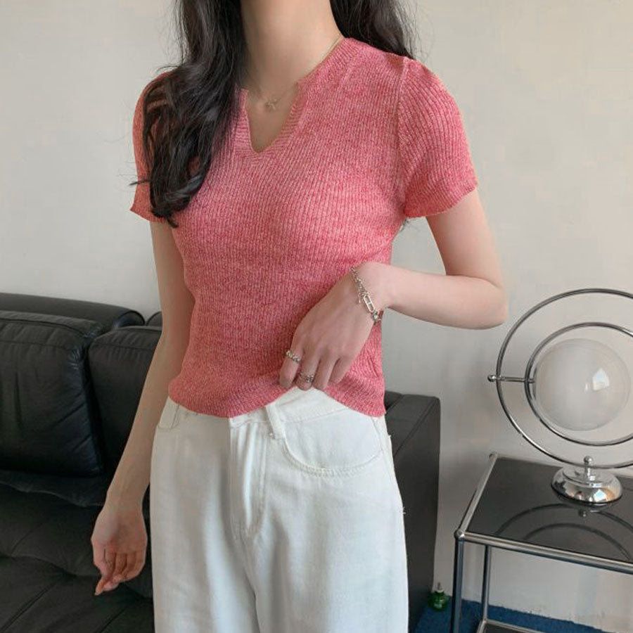 ショッピングゴー shoppinggo サマーニット へそ出し トップス Vネック クロップド丈 Tシャツ レディース きれいめ ショート丈トップス ニットソー （ブラック） ブラック