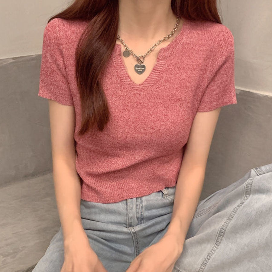 ショッピングゴー shoppinggo サマーニット へそ出し トップス Vネック クロップド丈 Tシャツ レディース きれいめ ショート丈トップス ニットソー （ブラック） ブラック