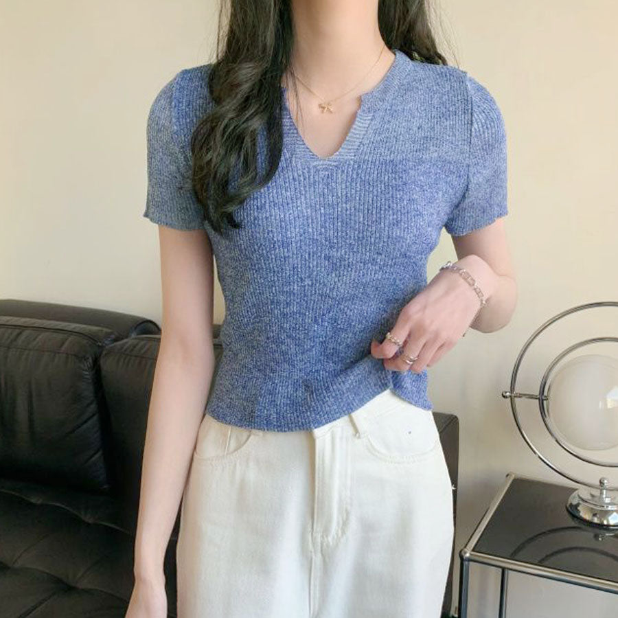 ショッピングゴー shoppinggo サマーニット へそ出し トップス Vネック クロップド丈 Tシャツ レディース きれいめ ショート丈トップス ニットソー （ブラック） ブラック