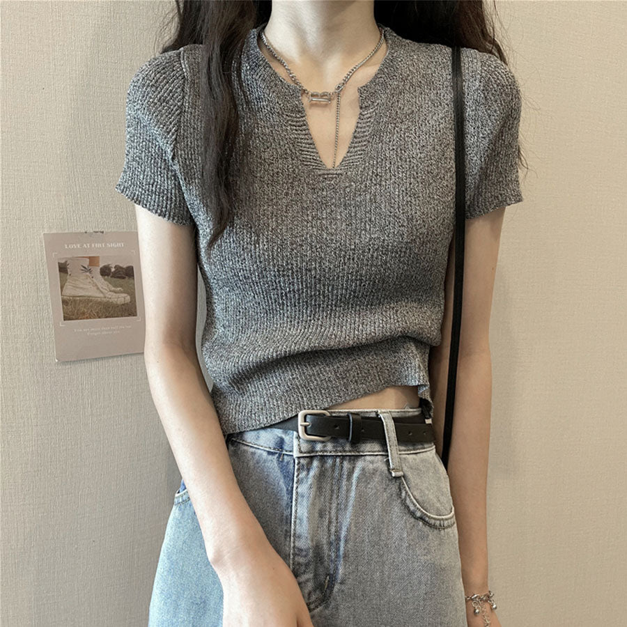 ショッピングゴー shoppinggo サマーニット へそ出し トップス Vネック クロップド丈 Tシャツ レディース きれいめ ショート丈トップス ニットソー （ブラック） ブラック