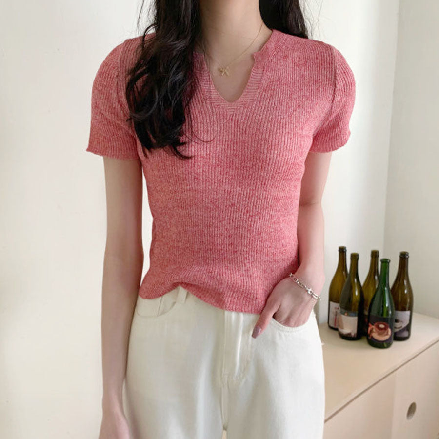 ショッピングゴー shoppinggo サマーニット へそ出し トップス Vネック クロップド丈 Tシャツ レディース きれいめ ショート丈トップス ニットソー （ピンク） ピンク