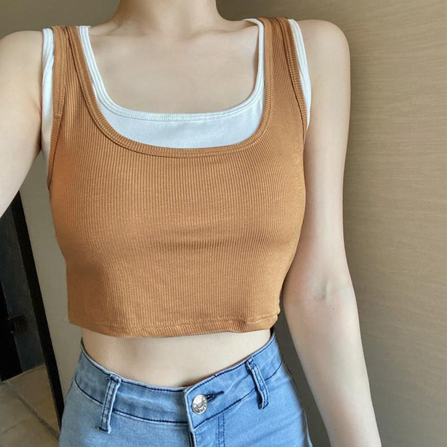 ショッピングゴー shoppinggo タンクトップ キャミソール レディーストップス 運動着 レイヤード ヨガ ジム ミニ丈 スクエアネック ノースリーブ  アウトドア