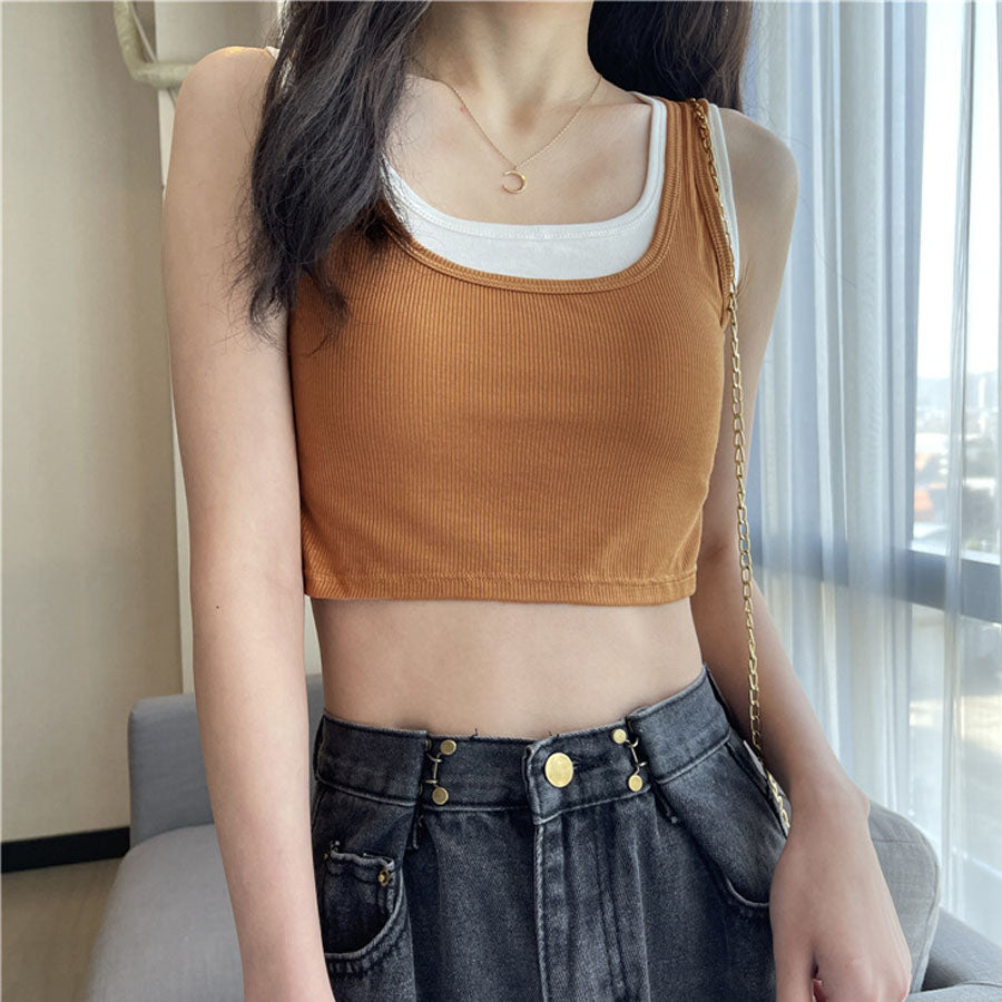 ショッピングゴー shoppinggo タンクトップ キャミソール レディーストップス 運動着 レイヤード ヨガ ジム ミニ丈 スクエアネック ノースリーブ  アウトドア