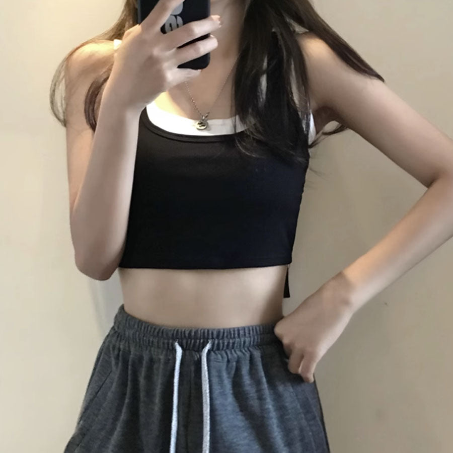 ショッピングゴー shoppinggo タンクトップ キャミソール レディーストップス 運動着 レイヤード ヨガ ジム ミニ丈 スクエアネック ノースリーブ  アウトドア