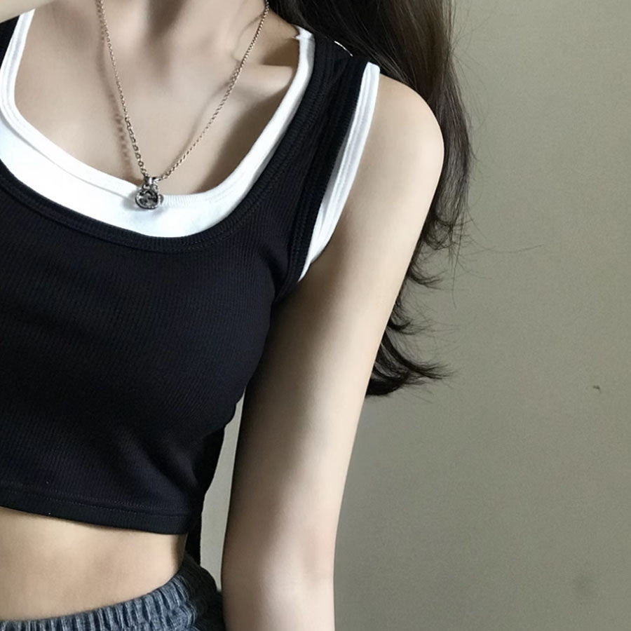 ショッピングゴー shoppinggo タンクトップ キャミソール レディーストップス 運動着 レイヤード ヨガ ジム ミニ丈 スクエアネック ノースリーブ  アウトドア