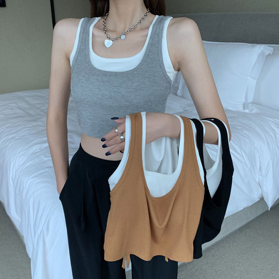 ショッピングゴー shoppinggo タンクトップ キャミソール レディーストップス 運動着 レイヤード ヨガ ジム ミニ丈 スクエアネック ノースリーブ  アウトドア