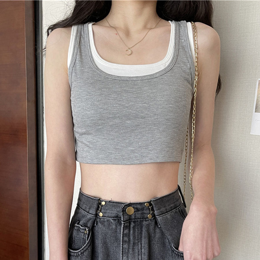 ショッピングゴー shoppinggo タンクトップ キャミソール レディーストップス 運動着 レイヤード ヨガ ジム ミニ丈 スクエアネック ノースリーブ  アウトドア,グレー