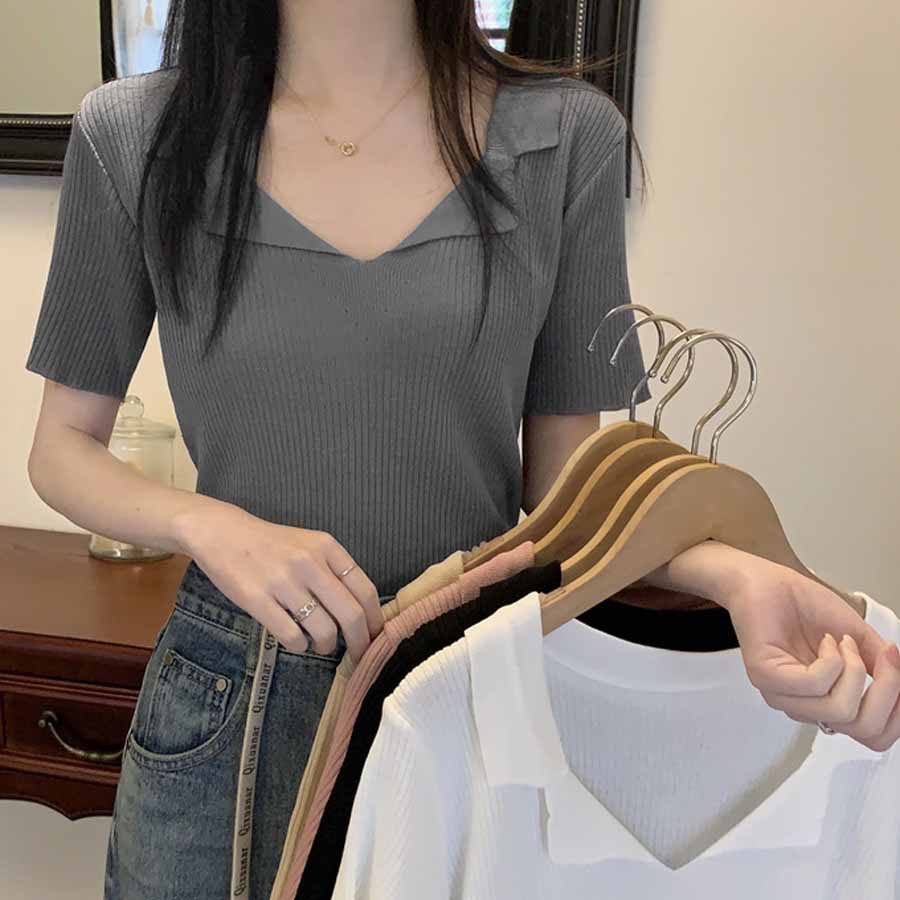 ショッピングゴー shoppinggo ニット レディース 半袖 襟付きニット 半袖 トップス ショート丈 夏 韓国 vネック 春夏 トップス  カットソー デイリー （ベージュ） ベージュ