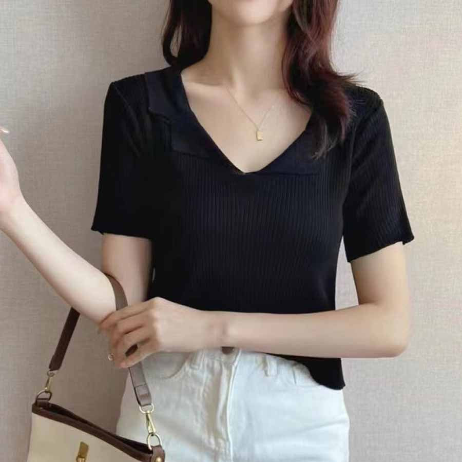 ショッピングゴー shoppinggo ニット レディース 半袖 襟付きニット 半袖 トップス ショート丈 夏 韓国 vネック 春夏 トップス  カットソー デイリー （ベージュ） ベージュ