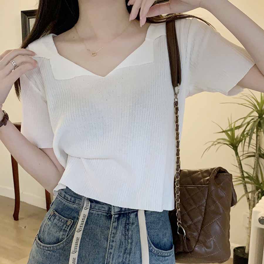 ショッピングゴー shoppinggo ニット レディース 半袖 襟付きニット 半袖 トップス ショート丈 夏 韓国 vネック 春夏 トップス  カットソー デイリー （ホワイト） ホワイト