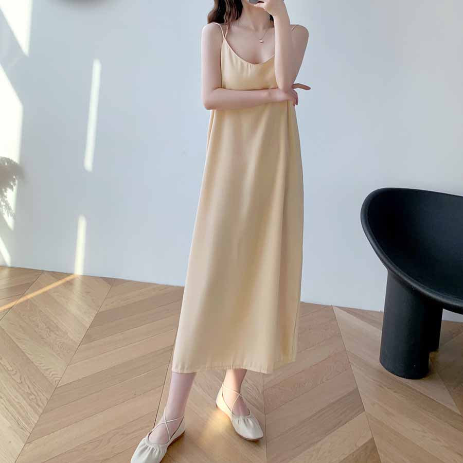 ショッピングゴー shoppinggo キャミワンピース Uネックロング丈 バックスリット クロスストラップ ダブルストラップ ゆったり 無地 （ベージュ） ベージュ