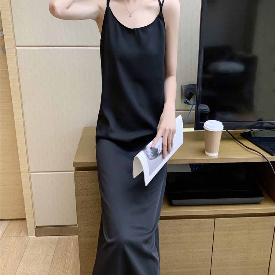 ショッピングゴー shoppinggo キャミワンピース Uネックロング丈 バックスリット クロスストラップ ダブルストラップ ゆったり 無地 （ベージュ） ベージュ