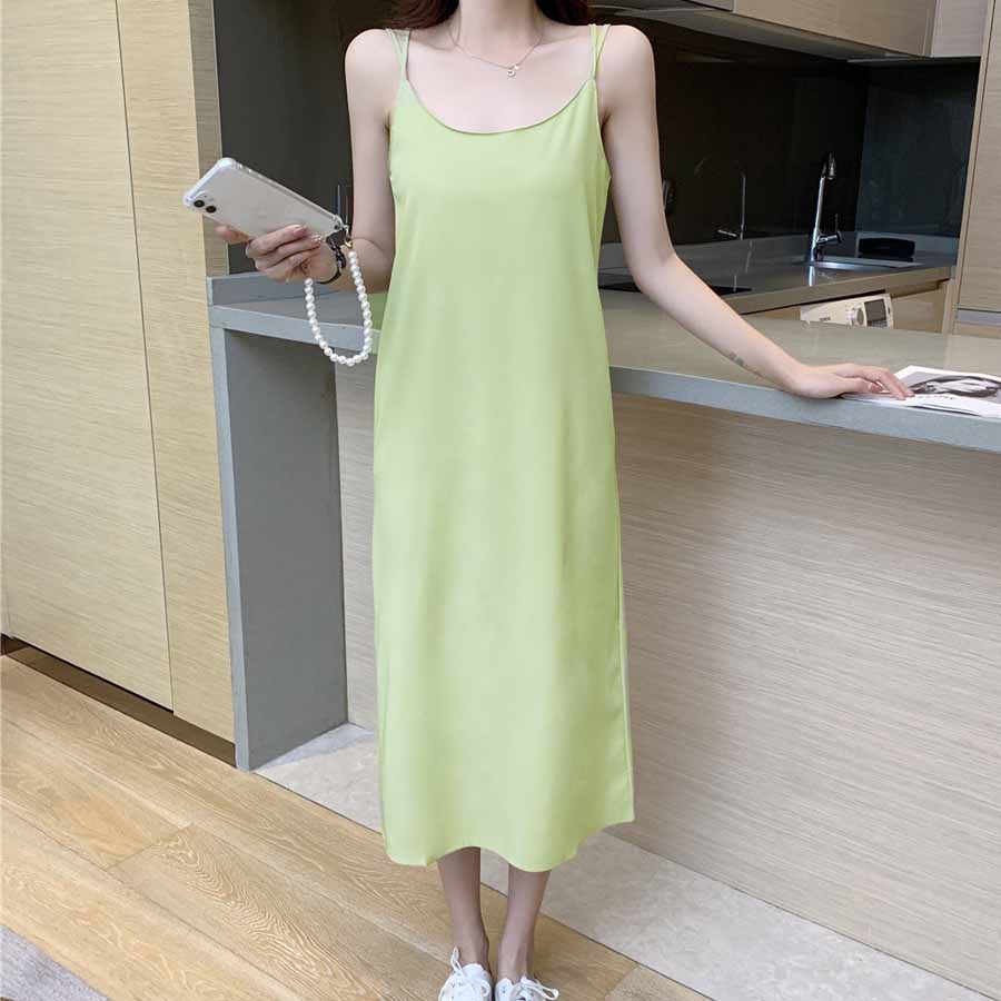 ショッピングゴー shoppinggo キャミワンピース Uネックロング丈 バックスリット クロスストラップ ダブルストラップ ゆったり 無地 （ベージュ） ベージュ
