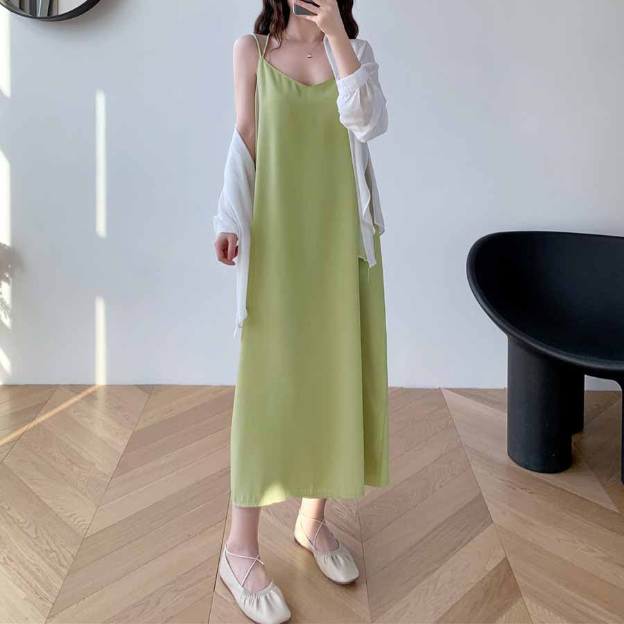 ショッピングゴー shoppinggo キャミワンピース Uネックロング丈 バックスリット クロスストラップ ダブルストラップ ゆったり 無地 （ベージュ） ベージュ