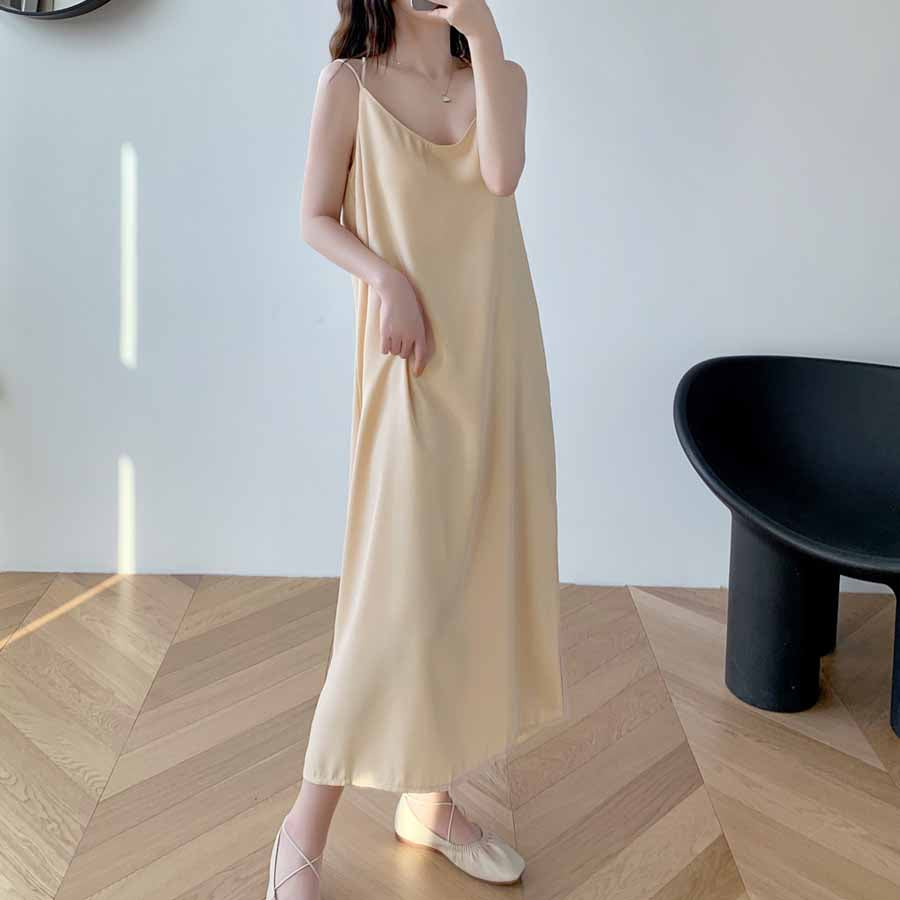 ショッピングゴー shoppinggo キャミワンピース Uネックロング丈 バックスリット クロスストラップ ダブルストラップ ゆったり 無地 （ベージュ） ベージュ