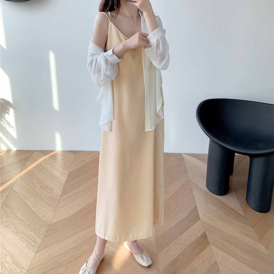 ショッピングゴー shoppinggo キャミワンピース Uネックロング丈 バックスリット クロスストラップ ダブルストラップ ゆったり 無地 （ベージュ） ベージュ