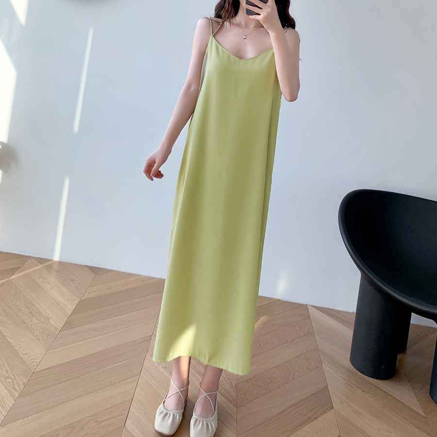 ショッピングゴー shoppinggo キャミワンピース Uネックロング丈 バックスリット クロスストラップ ダブルストラップ ゆったり 無地 （ベージュ） ベージュ