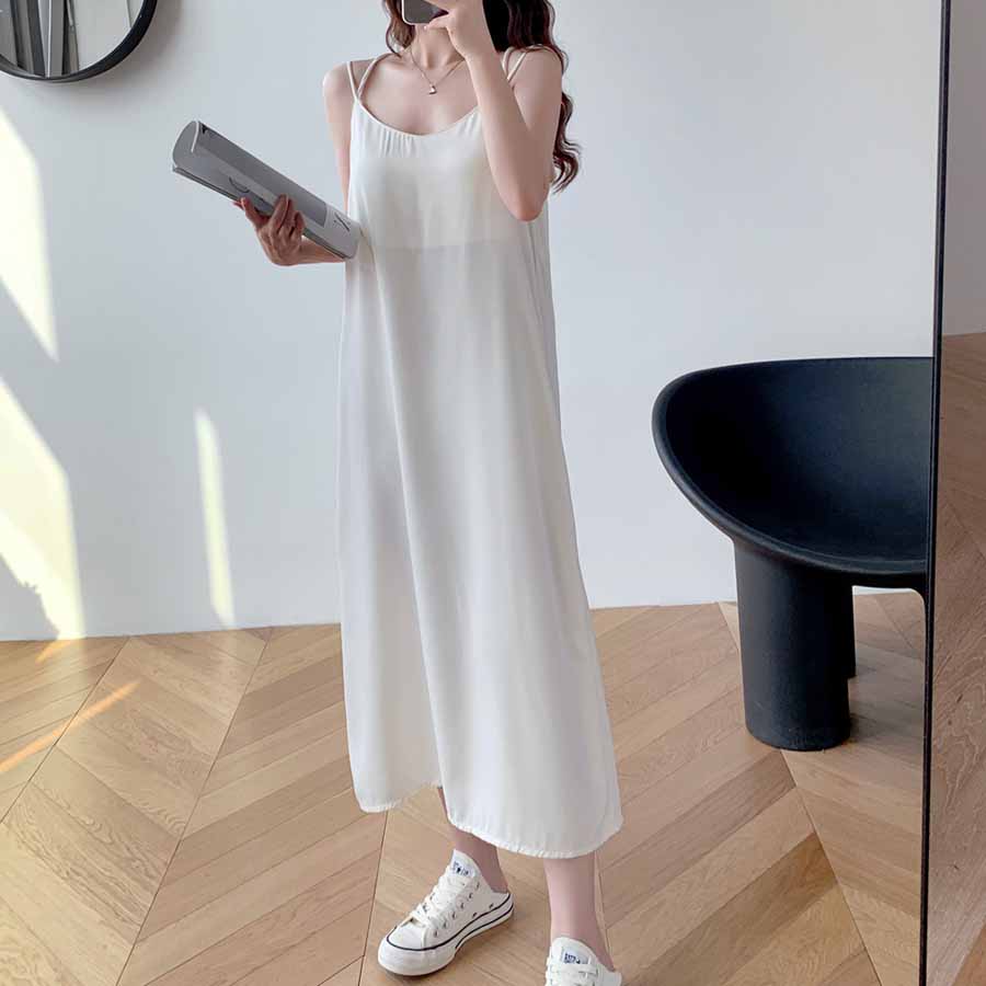 ショッピングゴー shoppinggo キャミワンピース Uネックロング丈 バックスリット クロスストラップ ダブルストラップ ゆったり 無地 （ベージュ） ベージュ