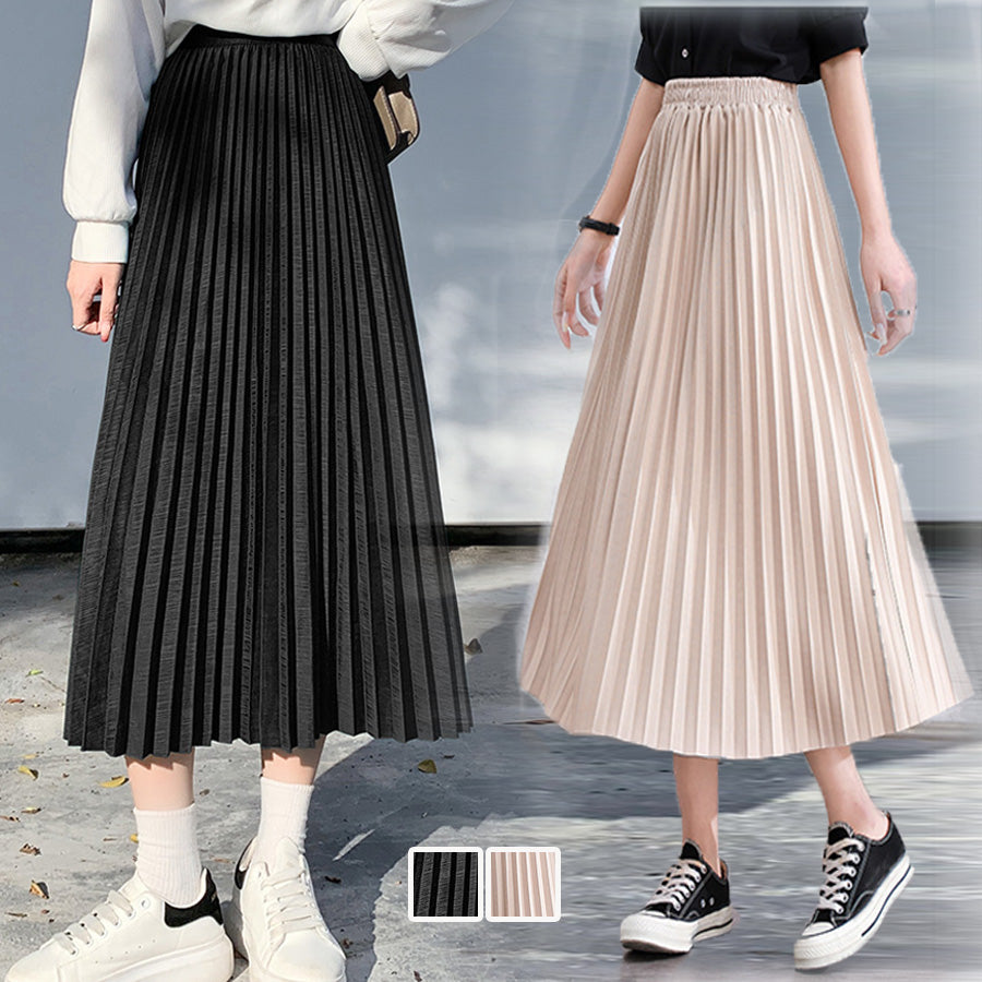 Shoppinggo Pleated skirt, skirt, long, black, plain skirt, below the k