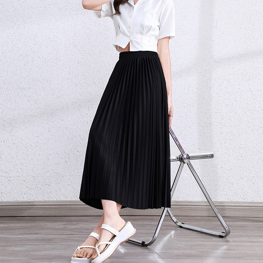 Shoppinggo Pleated skirt, skirt, long, black, plain skirt, below the k