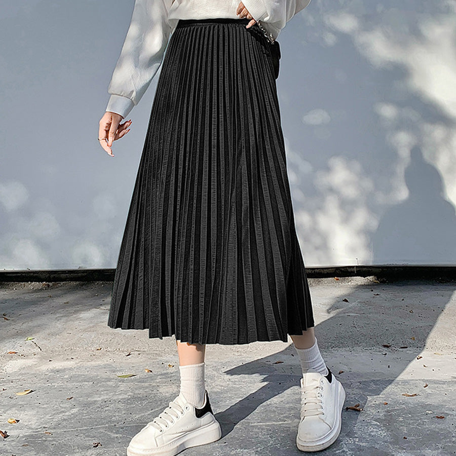 Shoppinggo Pleated skirt, skirt, long, black, plain skirt, below the k