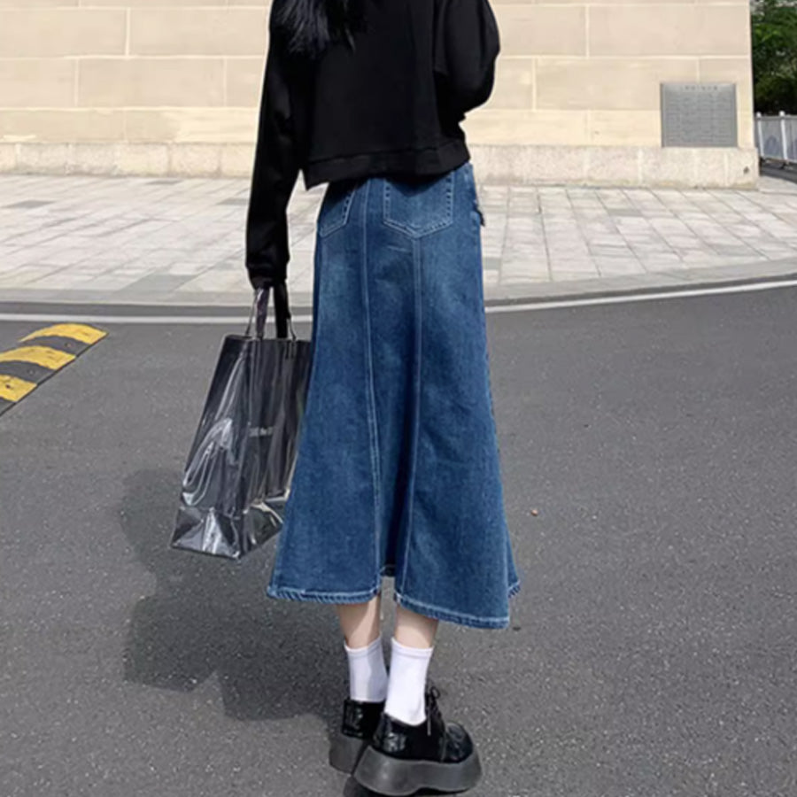 ショッピングゴー shoppinggo デニムスカート ハイウエスト ロングスカート マキシ丈 ポケット付きAラインスカート ペンシルスカート オールシーズン フレアスカート