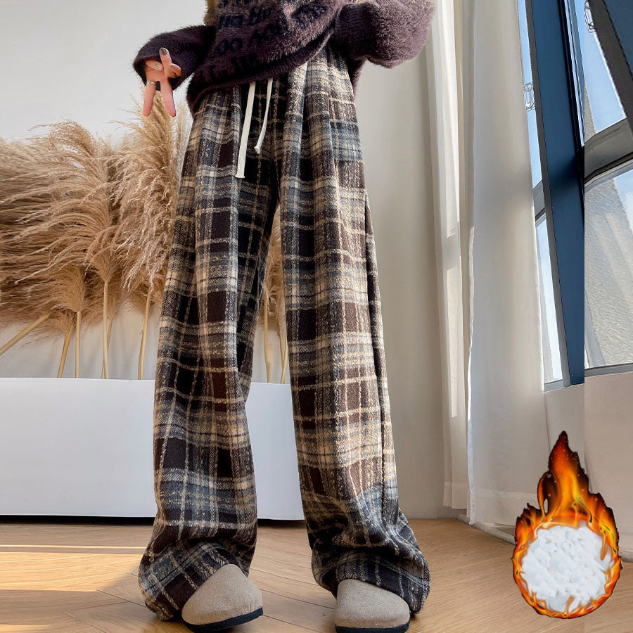 ショッピングゴー shoppinggo チェック柄パンツ ワイドパンツ 裏起毛パンツ レディース ストレート ウエストゴム パンツ ズボン ゆったり （ブラウン） ブラウン