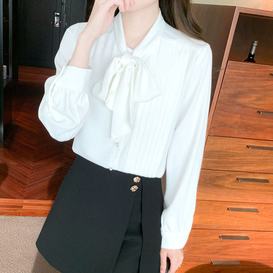 Shoppinggo Spring shirts, blouses, women's, ribbon-attached shirts, bu