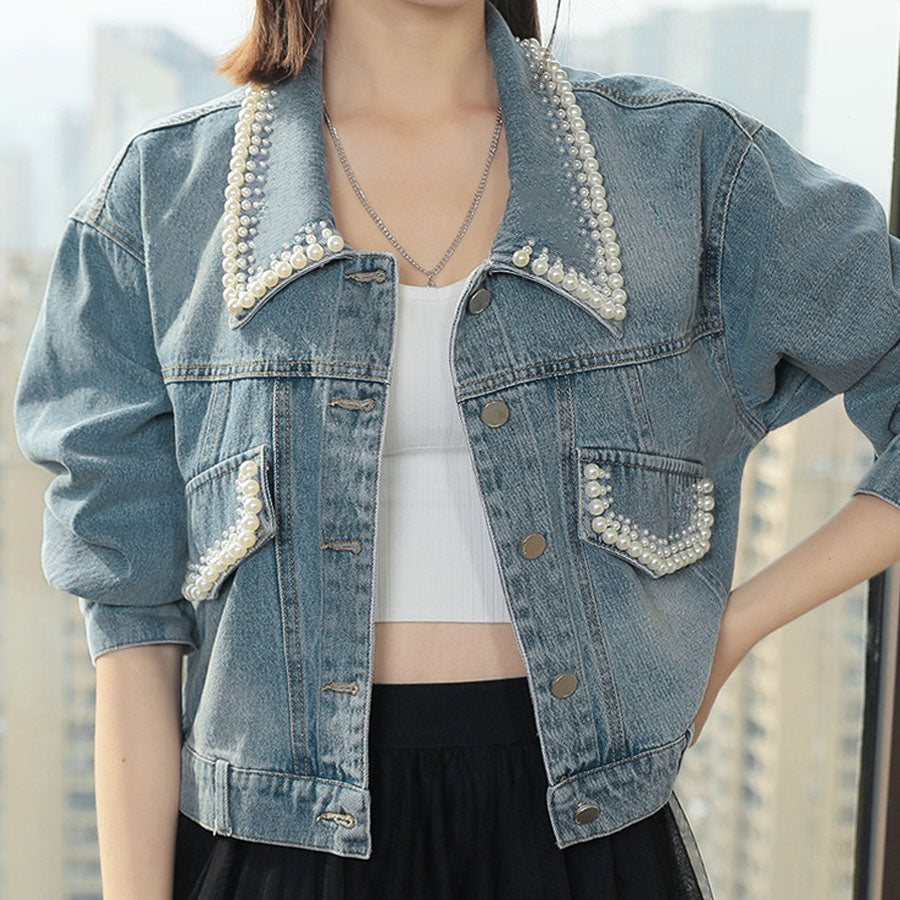 Shoppinggo shoppinggo denim jacket outerwear jean jacket fake pearl jacket collar neck long sleeve short length denim girly solid color