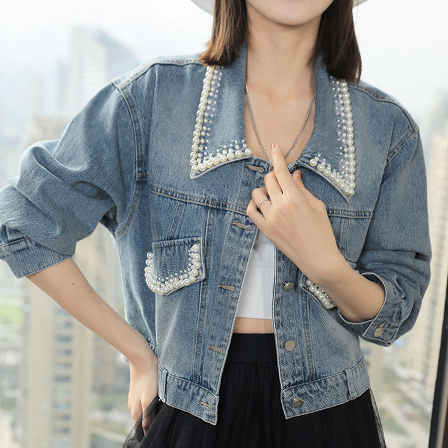 Shoppinggo shoppinggo denim jacket outerwear jean jacket fake pearl jacket collar neck long sleeve short length denim girly solid color
