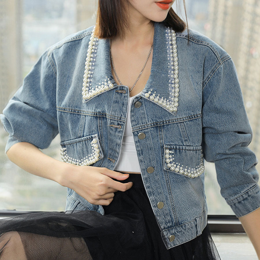 Shoppinggo shoppinggo denim jacket outerwear jean jacket fake pearl jacket collar neck long sleeve short length denim girly solid color