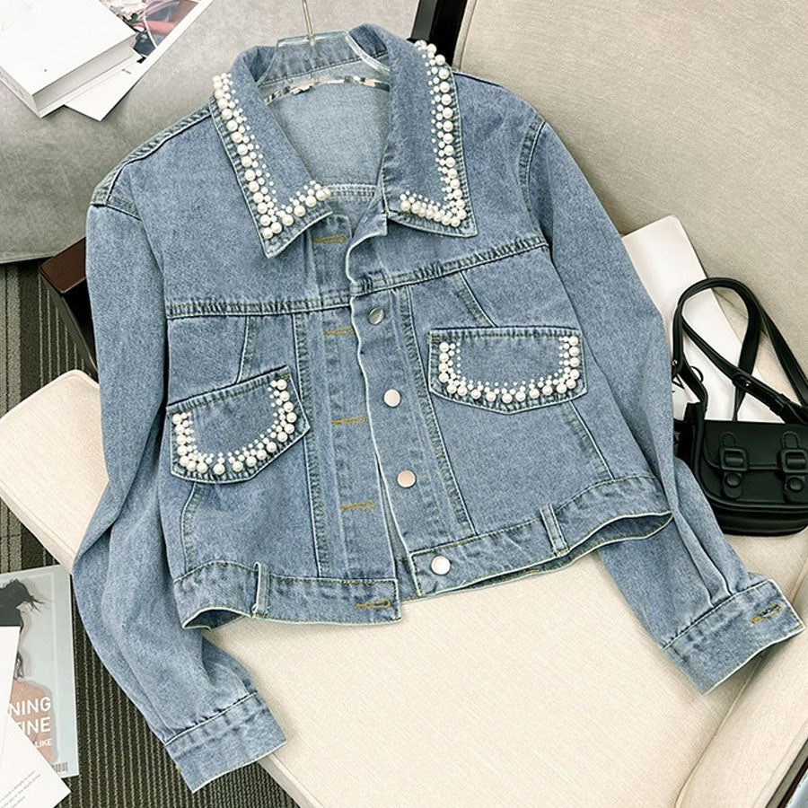 Shoppinggo shoppinggo denim jacket outerwear jean jacket fake pearl jacket collar neck long sleeve short length denim girly solid color
