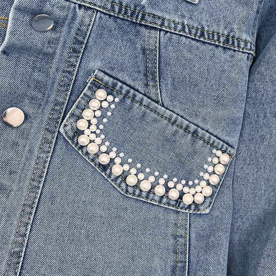 Shoppinggo shoppinggo denim jacket outerwear jean jacket fake pearl jacket collar neck long sleeve short length denim girly solid color
