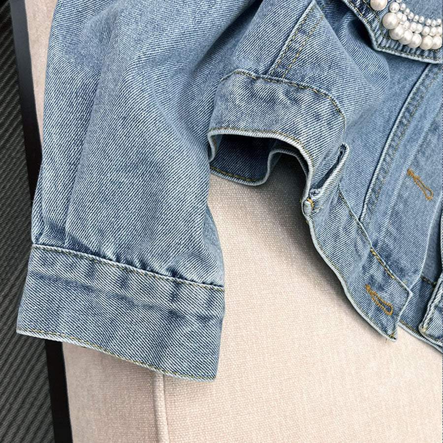 Shoppinggo shoppinggo denim jacket outerwear jean jacket fake pearl jacket collar neck long sleeve short length denim girly solid color